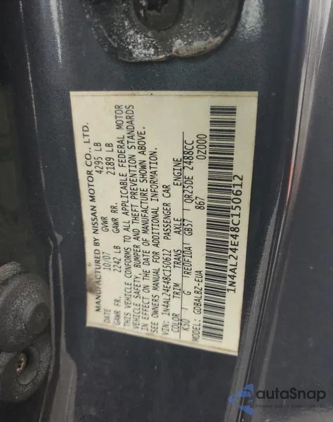 2008 Nissan Altima 2.5S z USA, uszkodzony, nr VIN 1N4AL24E48C150612